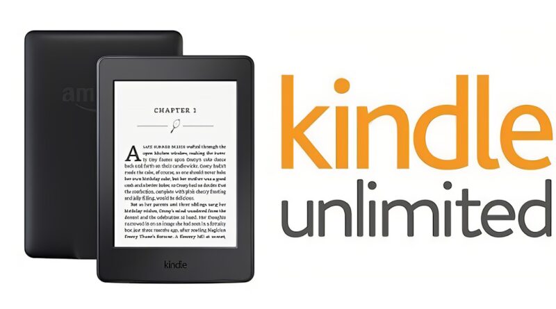 Amazon Kindle Unlimited immagine illustrativa dell'interfaccia kindle e pubblicitaria del marchio